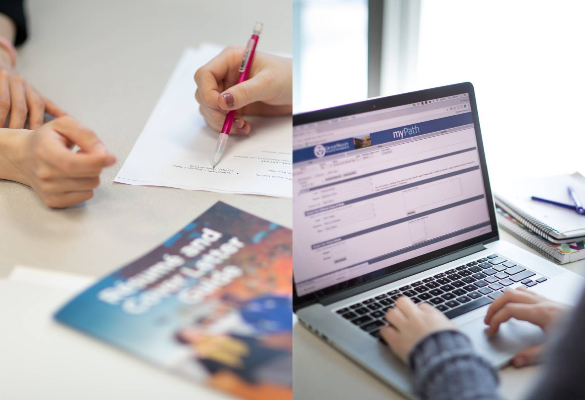 two photos side by side. one of two sets of hands working with pen across paper. the other a set of hands across a laptop keyboard
